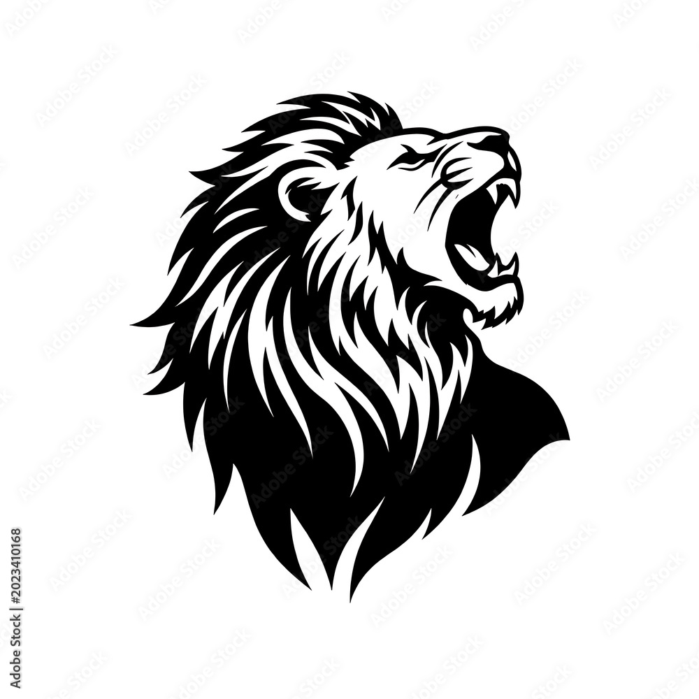 Fototapeta premium Black and white lion roaring silhouette line art illustration