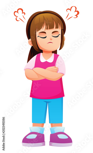 Grumpy little girl with arms crossed and steam coming from ears in anger. Vector cartoon character illustration