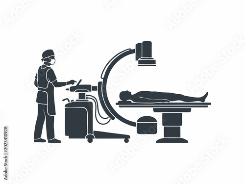 C-Arm Fluoroscopy Machine with Surgeon and Patient in Operating Room Silhouette