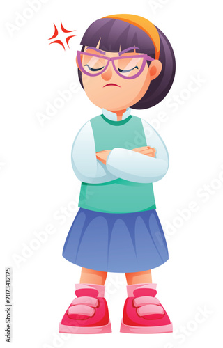 Grumpy girl with glasses crossing her arms in annoyance. Vector cartoon character illustration