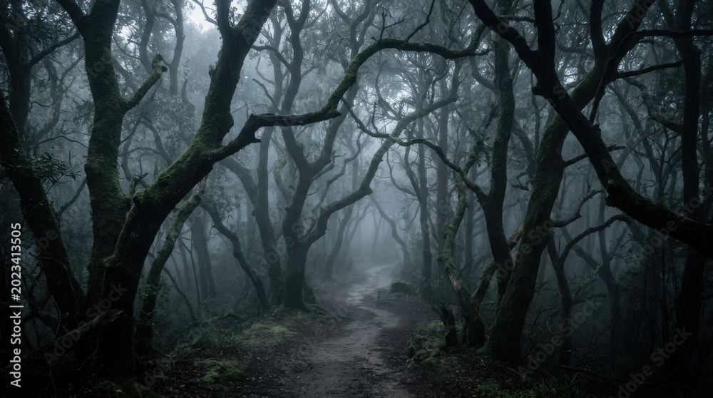 Fototapeta premium Misty forest path winding through dense trees in low light