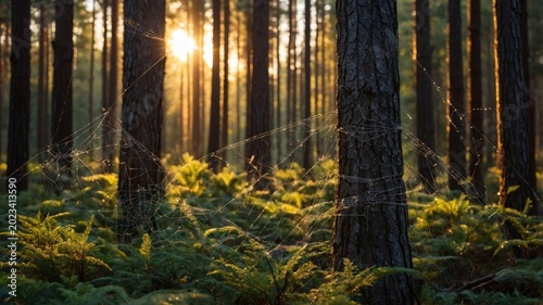 Sunlight filtering through tall trees in a serene forest, highlighting spider webs and ferns