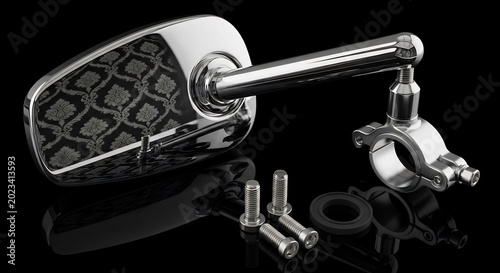 Chrome Motorcycle Rearview Mirror with Textured Insert and Mounting Hardware.