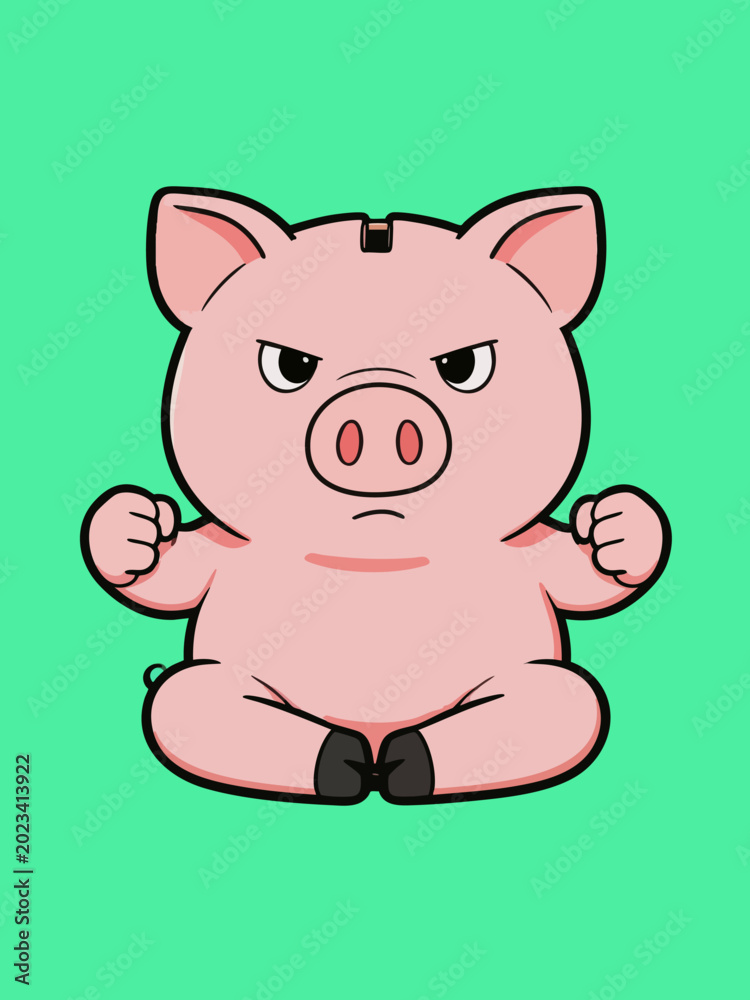 Fototapeta premium Angry Cartoon Piggy Mascot with Clenched Fists