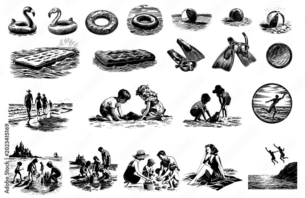 Fototapeta premium Vintage beach vacation vector set with family playing in sand and summer activities
