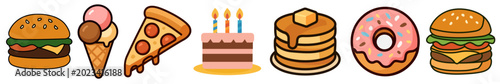 Flat illustration of pizza, burger, cake, donut croissant ice cream icon eps