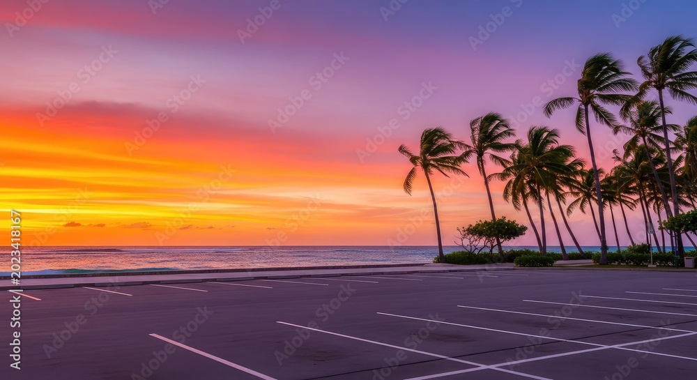 Naklejka premium An empty coastal parking lot sits beside the turquoise ocean waters under a vibrant sunset sky, framed by swaying tropical coconut trees, tourism, cloud, wave
