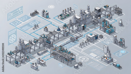 industrial factory automation system with gray machinery and blue highlights showing production process