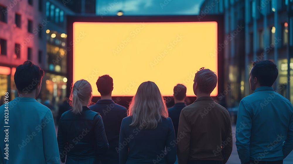 Obraz premium Group of people watching an outdoor movie screen at night in a city