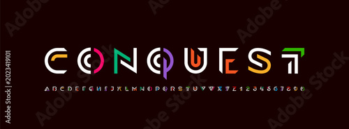 Logo font alphabet from segment multi colored lines, letters A, B, C, D, E, F, G, H, I, J, K, L, M, N, O, P, Q, R, S, T, U, V, W, X, Y, Z and numerals 0, 1, 2, 3, 4, 5, 6, 7, 8, 9, vector illustration