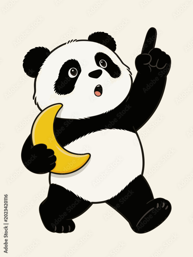 Naklejka premium Cute cartoon panda holding crescent moon pointing upward