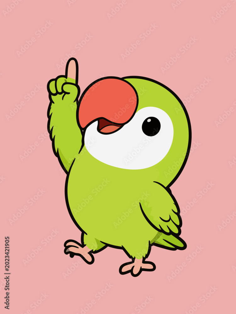 Obraz premium Cute Cartoon Green Parrot Pointing Upwards