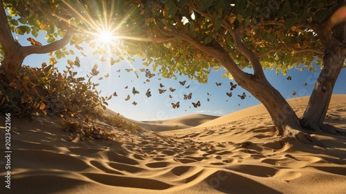 Serene desert landscape with sunlight filtering through trees, butterflies fluttering above sandy dunes