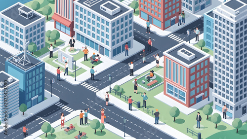 isometric city intersection with modern buildings people walking trees and roads urban life