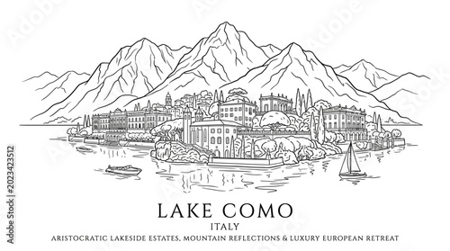 Luxury villas line Lake Como's shoreline with majestic mountains in the background.