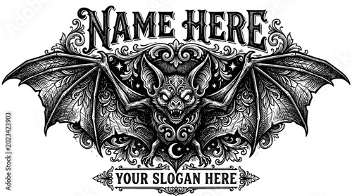 Gothic Bat Emblem with Ornate Details and Placeholder Text