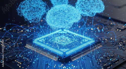 Glowing blue light pulses through an intricate quantum processor with floating digital neural networks and advanced circuit architecture, complex, motherboard, flow
