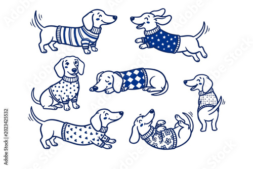 Obraz na płótnie Cute Dachshund Dog Character Doodle Set; Minimalist Funny Wiener Puppy Wearing C