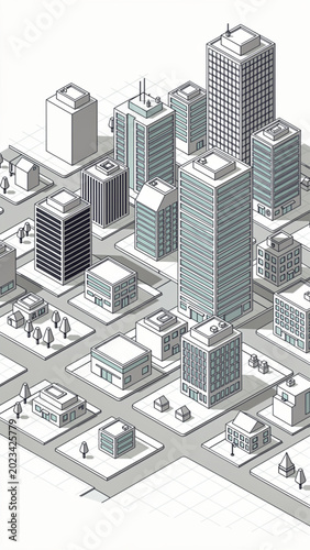 isometric cityscape with grayscale skyscrapers modern buildings urban blocks clean design
