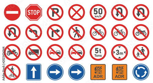 Set of 28 Traffic Restriction and Road Safety Signs Icons Vector Collection