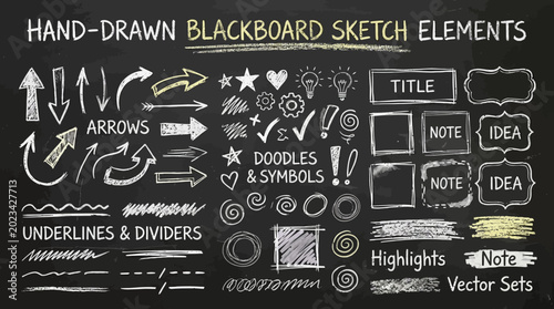 A collection of hand-drawn blackboard sketch elements including arrows, doodles, and symbols. ,   vector illustration sets