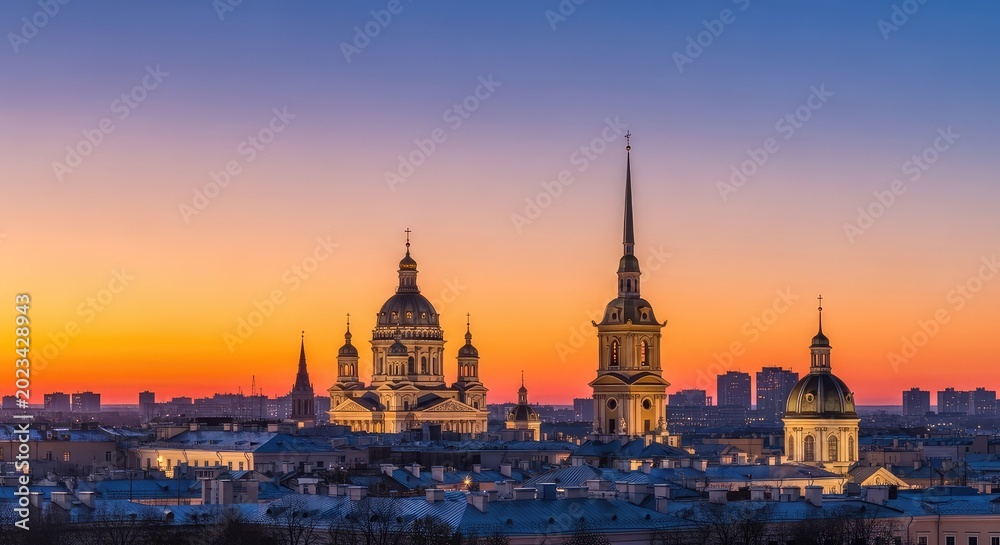 Obraz premium Panoramic view of a classic urban skyline at dusk featuring ancient architecture, ornate domes, and high spires against a colorful sky, history, scenery, atmosphere
