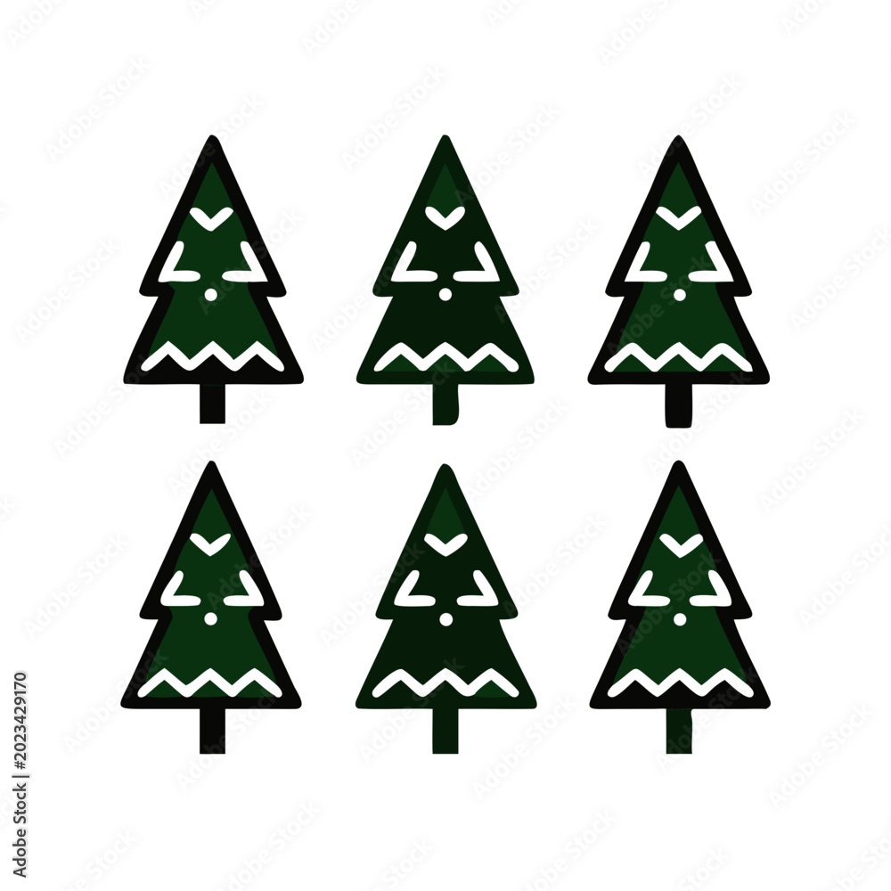 Obraz premium Five green christmas trees icon set with snow tops Vector