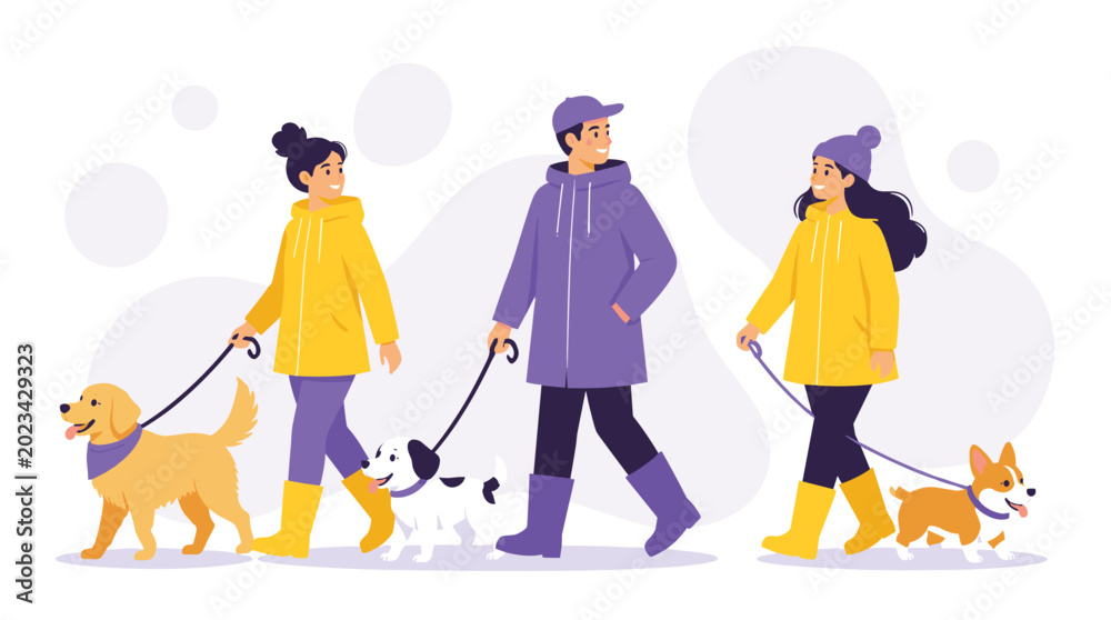 Fototapeta premium Three People Walking Dogs of Different Breeds in Colorful Raincoats on a Bright Day