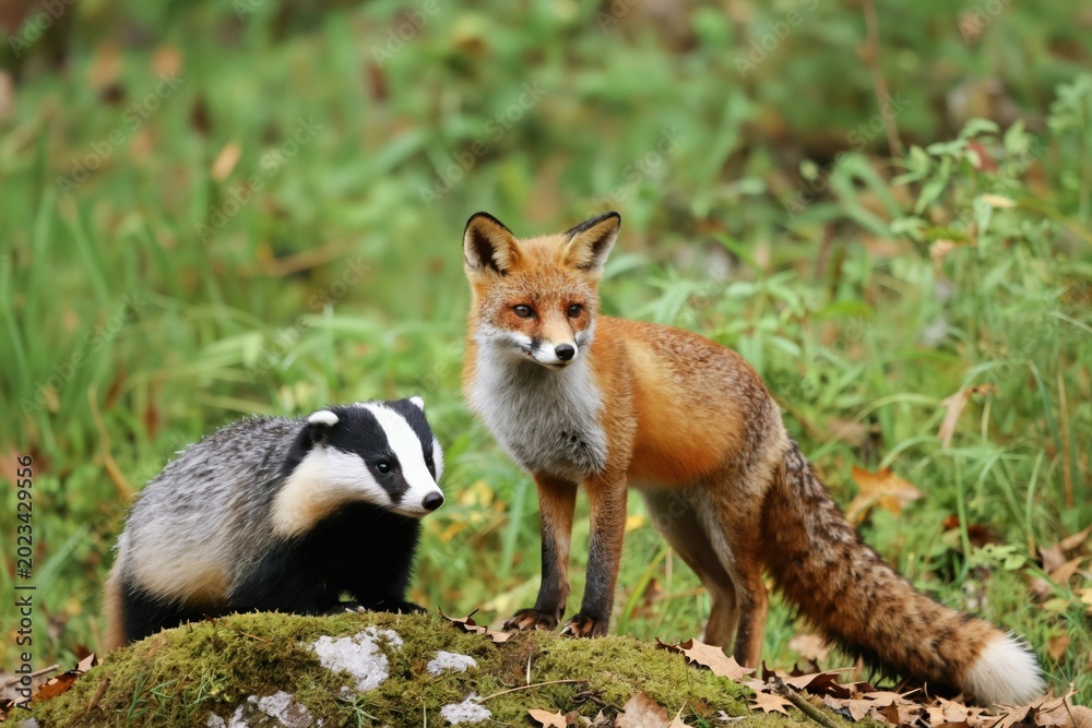 Obraz premium Red fox and badger stand together on mossy rock in forest green vegetation background. Animals in natural habitat, closeup view. Wildlife scene with wild mammals outdoor.