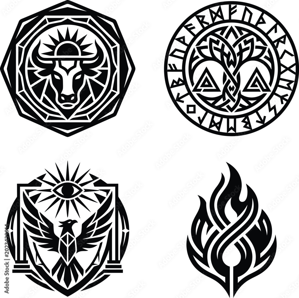 Obraz premium A assortment of four artistic black and white circular emblems featuring mythical symbols and sharp linework.