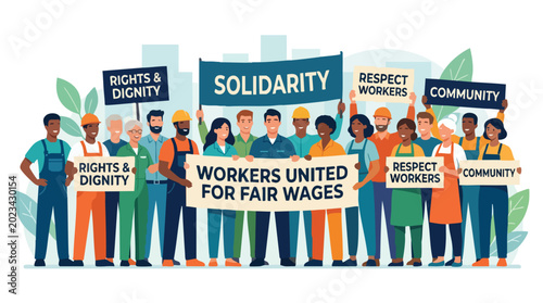 Diverse group of workers united in protest for fair wages and labor rights in a crowd protest workers vector
