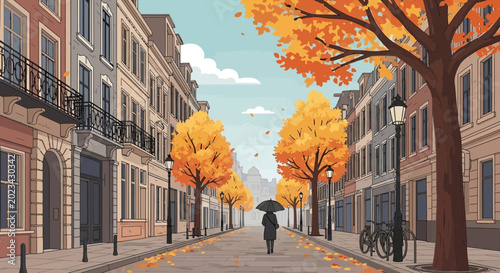 Εκτύπωση καμβά Pixel art autumn street scene with colorful trees and person holding umbrella