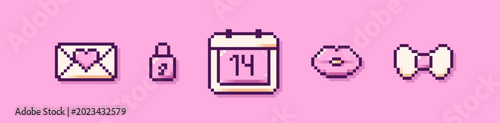 Pixel pink calendar, kiss, bow, lock, and envelope with a heart.