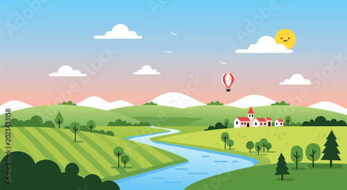 Fotografie Charming countryside vector illustration depicting a serene river flowing throug