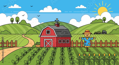 Bild auf Leinwand Vibrant cartoon farm scene with red barn, scarecrow, fields, and rolling hills under sunny sky