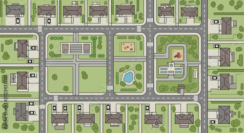 Foto Aerial View of Suburban Neighborhood with Houses, Streets, and Parks