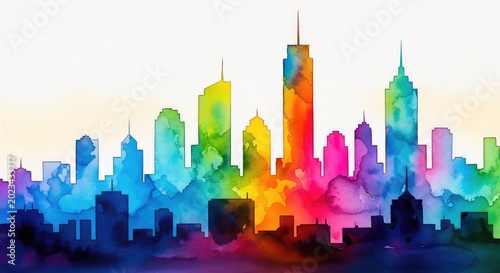 Vibrant watercolor cityscape silhouettes merge in a detailed close-up, featuring translucent overlapping colors and artistic urban outlines, creative, urban, blending