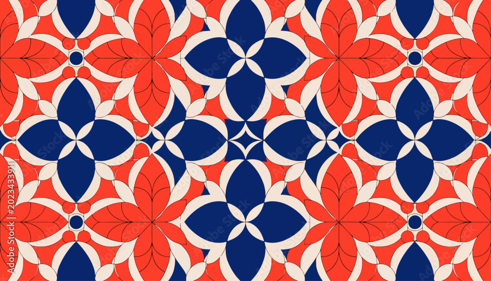 Fototapeta premium Decorative Mediterranean floral tessellation with balanced geometric vector styling