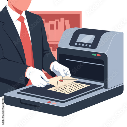 Tableau sur toile Archivist scanning vintage letter with wax seal in office