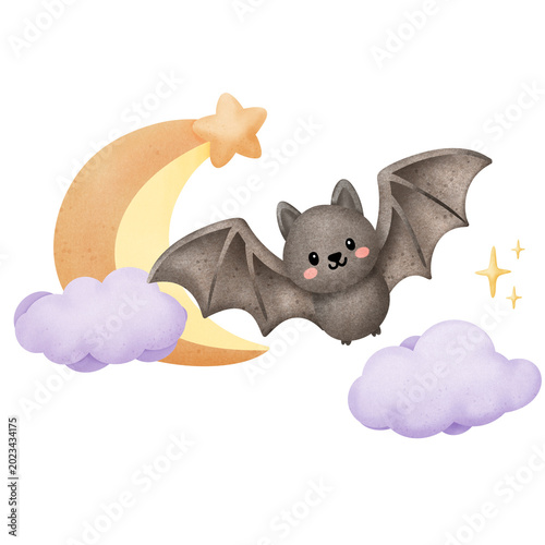 Cute Bat Moon Cloud Illustration