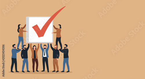 Billede på lærred Successful teamwork illustration vector, a group of people hold up a large white