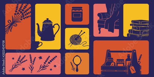 Tableau sur toile Cozy and comforting illustration featuring lavender, tea, knitting, books, and other homey elements