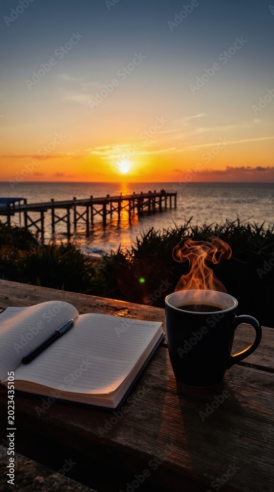 Fototapeta premium Hot coffee mug and open notebook with pen sit on wooden table near ocean. Sunrise over sea with pier visible in distance. Early morning calm inspires creative thought and quiet contemplation.