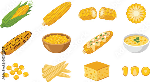 Bild auf Leinwand Fresh Sweet Corn and Maize Food Product Vector Set with Grilled Cob, Soup, Kerne