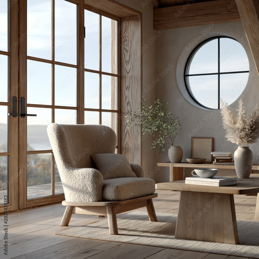 Fototapeta premium Light-filled Scandinavian room with floor-to-ceiling windows and porthole design detail