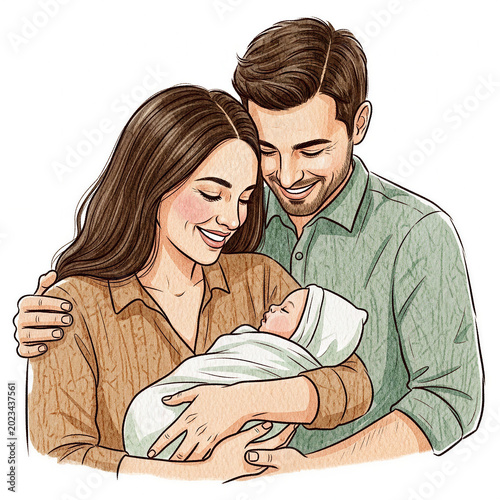 Happy couple smiling while holding newborn baby in hospital setting  