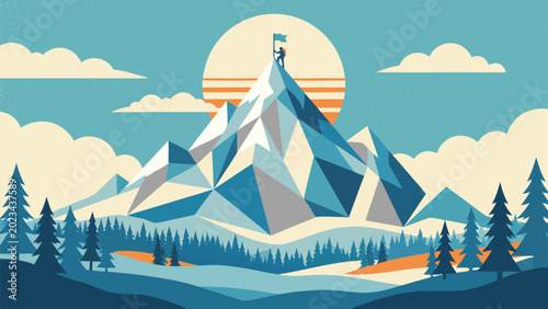 Stylized flat vector illustration of a snowy mountain peak with a climber holding a flag at the summit, representing achievement, adventure, and success against a sunset background with trees.