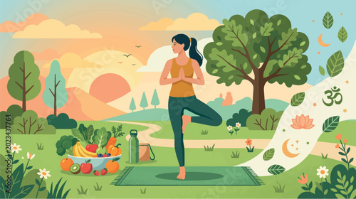 Bild auf Leinwand Healthy Lifestyle Concept with Woman Practicing Yoga Tree Pose in Nature