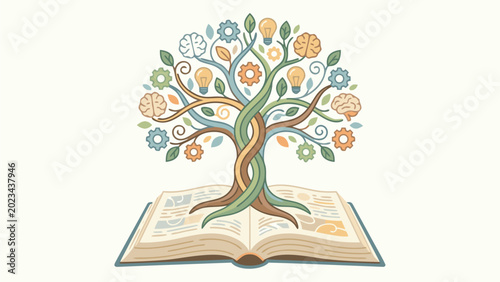 Stylized Tree of Knowledge Growing from an Open Book with Brains, Gears, and Light Bulbs, Representing Education, Personal Growth, Creative Thinking, Innovation, and Lifelong Learning Concept.