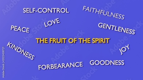 Schilderij op canvas A 3D rendering of blocks spelling THE FRUIT OF THE SPIRIT alongside blocks for peace, self-control, joy, forbearance, love, faithfulness, kindness, goodness, and gentleness